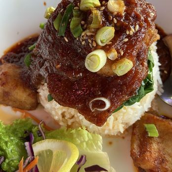 Rustic Spoon - Valley Village - Chili jam fish with streamed spinach and rice. - Thai Near Me - Valley Village, California