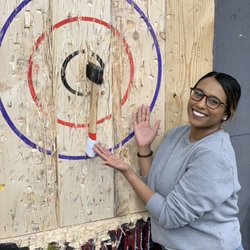 Mazhu Axes - Excited to throw her first bullseye!