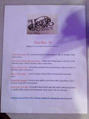 Menu photo 1 Henry's Uptown Bar New Orleans, LA Menu photo 1 Henry's Uptown Bar New Orleans, LA