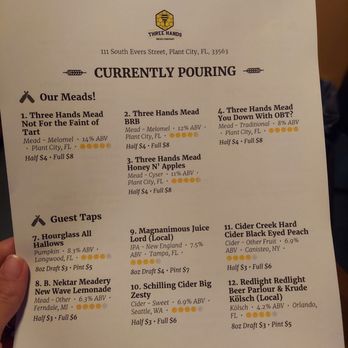 Three Hands Mead - On tap menu - Meaderies Near Me - Plant City, Florida