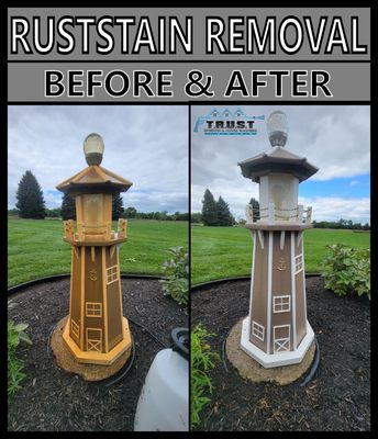 Rust stain Removal - See the power of professional rust stain removal!
This "Before & After" photo of a decorative lighthouse on a concrete pad perfectly illustrates the dramatic results of a rust stain removal treatment. On the left, a deep, pervasive orange-brown rust stain covers the entire base, completely obscuring the details. On the right, after our expert application of appropriate chemicals, the rust is vanished. The difference is night and day, restoring the clean, bright look of the original material.
We can achieve similar stunning results for your home or business, instantly boosting curb appeal. Contact T.R.U.S.T Window & House Washing for your free rust stain removal quote!