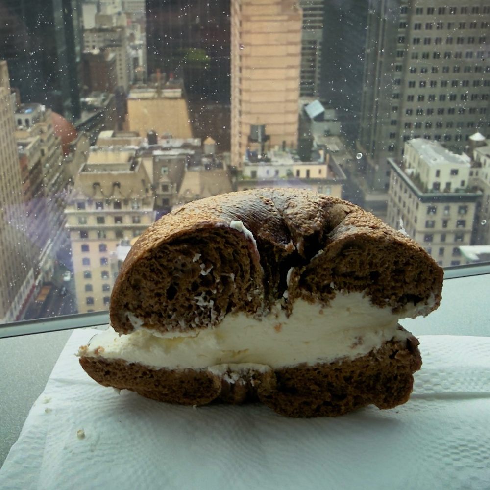 Pick A Bagel - Pumpernickel Bagel loaded with Cream Cheese in our 30th floor hotel. - Bagels Near Me - New York, New York Pick A Bagel - Pumpernickel Bagel loaded with Cream Cheese in our 30th floor hotel. - Bagels Near Me - New York, New York