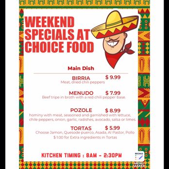 Choice Food Market - Weekend Specials On Sat - Sun at Choice Food Market. Kitchen Timings : 8AM - 2:30PM - Grocery Near Me - Merced, California Choice Food Market - Weekend Specials On Sat - Sun at Choice Food Market. Kitchen Timings : 8AM - 2:30PM - Grocery Near Me - Merced, California