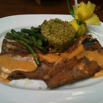 La Plazuela - Blue corn crusted rainbow trout with avocado, piñon rice. - New American Near Me - Santa Fe, New Mexico