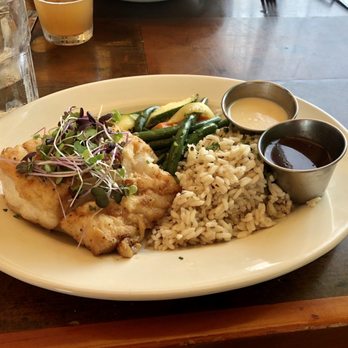 Pearl Restaurant - Cod with Lemon Sauce, Rice, and Veggies - Seafood Near Me - Wellfleet, Massachusetts
