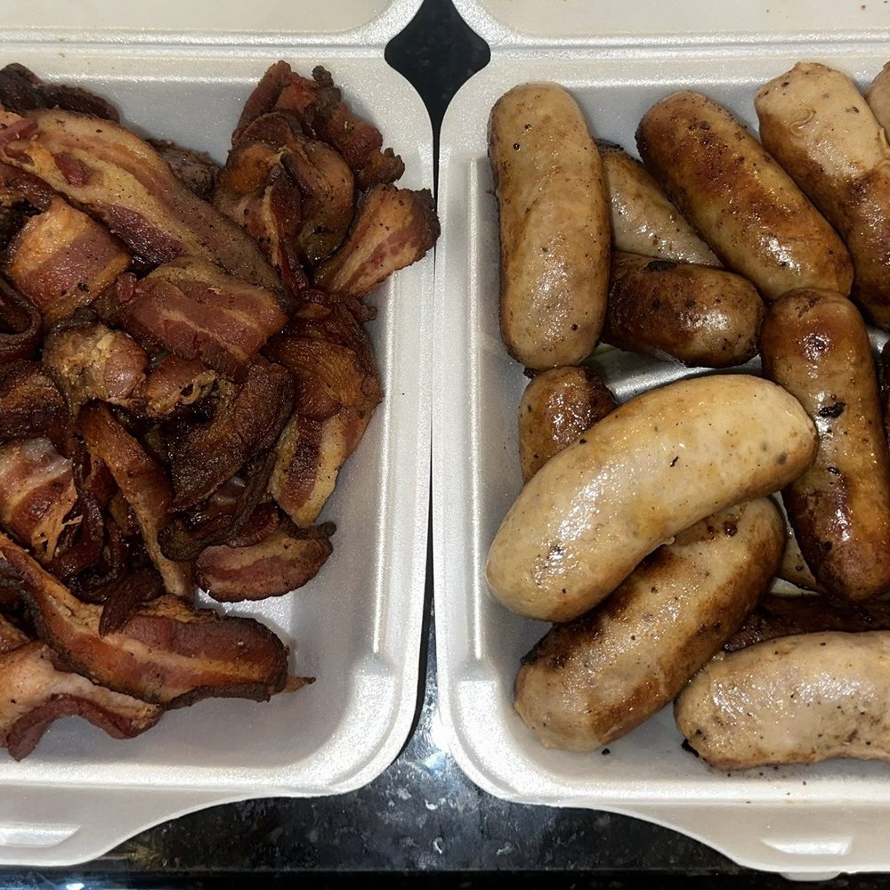 Bacon, sausage, Just missing the legendary home fries but definitely order some! Bacon, sausage, Just missing the legendary home fries but definitely order some!