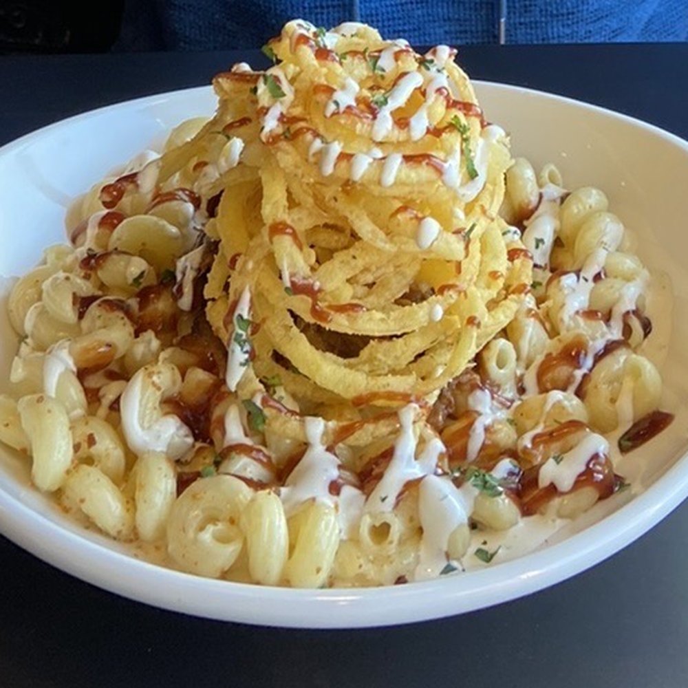 110 Grill Canton - Pulled pork Mac n cheese with onion strings on top - New American Near Me - Canton, Connecticut 110 Grill Canton - Pulled pork Mac n cheese with onion strings on top - New American Near Me - Canton, Connecticut