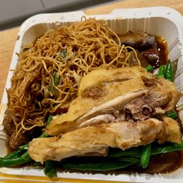 chicken, fried noodle, green beans, eggplants & pork with shiitake mushroom