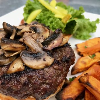 Nourish Sequim - Burger with Mushrooms and Sweet Potato Fries - Gluten-Free Near Me - Sequim, Washington Nourish Sequim - Burger with Mushrooms and Sweet Potato Fries - Gluten-Free Near Me - Sequim, Washington