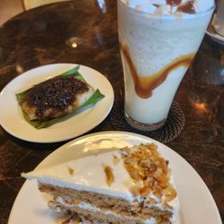 Madge Cafe - Carrot Cake  Suman Latik (caramelized coconut) Caramel Frappe
