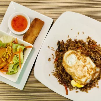 Zogam Cafe - Lunch Special - Nasi Goreng (Fried Rice with Pork), Salad (Ginger Dressings), Thai Spring Roll ($7.95) - Thai Near Me - Tulsa, Oklahoma