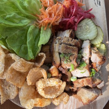 Monarch Ocean Pub - BBQ Lettuce Wrap: Smoked Pork Belly, Pickles, Chicharrones, House Mustard - Gastropubs Near Me - Del Mar, California
