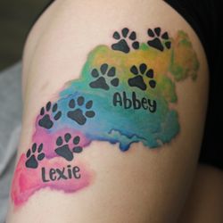 Wrapped In Plastic Ink - Custom watercolor pet memorial paw print tattoo by Mandi at Wrapped in Plastic INK, Costa Mesa, CA. Honor your furry family.