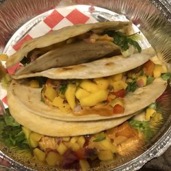 L A Taco Bistro - Grilled Shrimp Tacos with Mango Salsa is good, shrimp is small but flavorful.