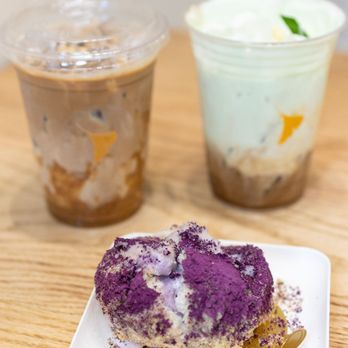 La La Bakeshop - Banana Peanut Butter Latte (iced $6.75), Durian Iced Coffee ($8.25), Taro Lava Bun ($5.25) - Bakeries Near Me - Toronto, Ontario La La Bakeshop - Banana Peanut Butter Latte (iced $6.75), Durian Iced Coffee ($8.25), Taro Lava Bun ($5.25) - Bakeries Near Me - Toronto, Ontario