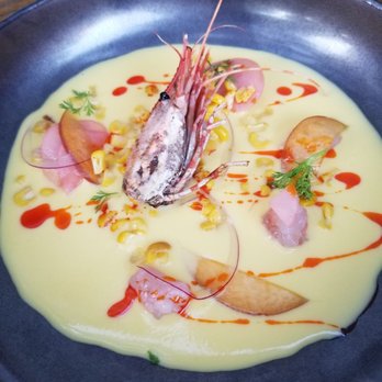 One Fish Raw Bar - Spot prawn ceviche in chilled corn soup with peaches - so good - Seafood Near Me - Campbell, California One Fish Raw Bar - Spot prawn ceviche in chilled corn soup with peaches - so good - Seafood Near Me - Campbell, California