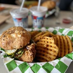 Fernside - Fried Chicken Sandwich with Waffle Fries.