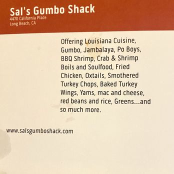 Sal’s Gumbo Shack - Menu options - Cajun/Creole Near Me - Long Beach, California Sal’s Gumbo Shack - Menu options - Cajun/Creole Near Me - Long Beach, California