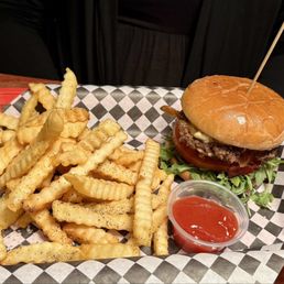 Peach Burger with fries