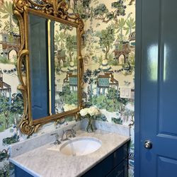Modern Maison - Gorgeous powder bath in Montserrat with full gloss paint and Thibaut wallpaper.  Stunning!!!