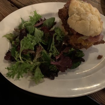 Rhubarb - Fried chicken biscuit with side salad. - New American Near Me - Asheville, North Carolina Rhubarb - Fried chicken biscuit with side salad. - New American Near Me - Asheville, North Carolina