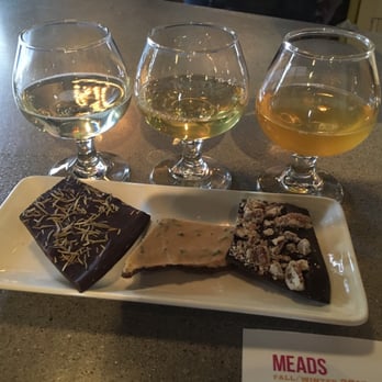 810 Meadworks - Mead and chocolate tastings! SO GOOD! From left to right: Old Lunch Bucket, 21 Bean Salute, Maple Tap. - Meaderies Near Me - Medina, New York 810 Meadworks - Mead and chocolate tastings! SO GOOD! From left to right: Old Lunch Bucket, 21 Bean Salute, Maple Tap. - Meaderies Near Me - Medina, New York