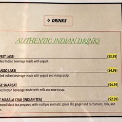 Taste of India - (drink menu) (the chai may be free? there's a sign)