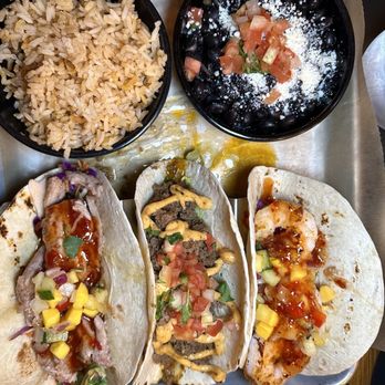 Fresca Tequila Bar & Grill - Mango Chili Shrimp Taco (grilled), gringo taco, carnitas pork taco - New Mexican Cuisine Near Me - Colchester, Connecticut