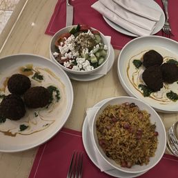 Falafel, rice, salad Falafel, rice, salad