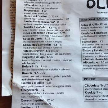 Ocho - Left side of menu. - Tapas Bars Near Me - Seattle, Washington