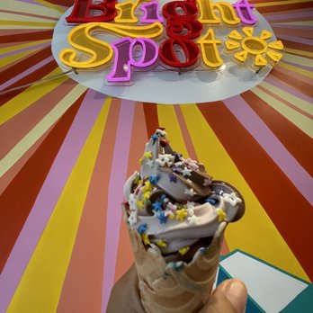 Bright Spot - Chocolate and strawberry swirl vegan soft serve in birthday cake cone - Coffee & Tea Near Me - Seattle, Washington Bright Spot - Chocolate and strawberry swirl vegan soft serve in birthday cake cone - Coffee & Tea Near Me - Seattle, Washington