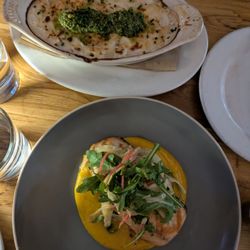 Chicken Mac and cheese and grilled salmon