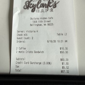 Skylarks Hidden Cafe - Receipt - Cafes Near Me - Bellingham, Washington Skylarks Hidden Cafe - Receipt - Cafes Near Me - Bellingham, Washington