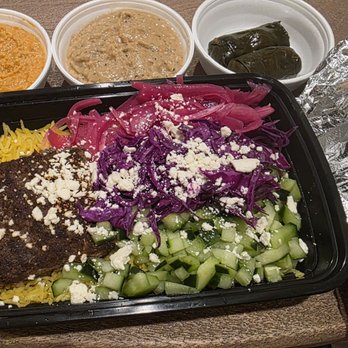 Hungry Platters & Gyro - Kefta platter, spicy hummus, baba ganoush, and dolmas. - Mediterranean Near Me - Prosper, Texas