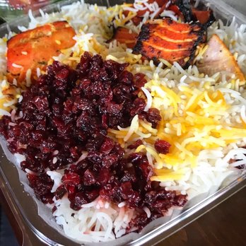 Shekarchi Kabob - Salmon kabob with barberry rice - Mediterranean Near Me - Los Angeles, California Shekarchi Kabob - Salmon kabob with barberry rice - Mediterranean Near Me - Los Angeles, California