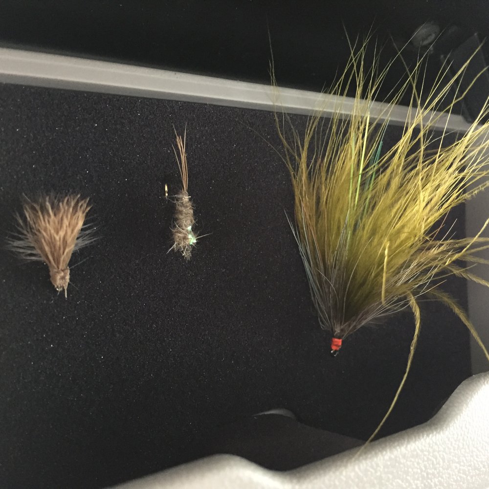 Concord Outfitters - Three flies tied in beginners class- elk hair caddis, hare's ear nymph and soft hackle streamer - Men's Clothing Near Me - Concord, Massachusetts
