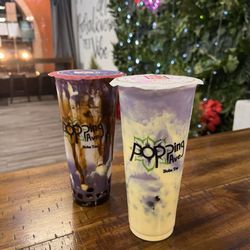 Popping Ave Boba Tea - Left: ube creme brûlée and taro cloud
