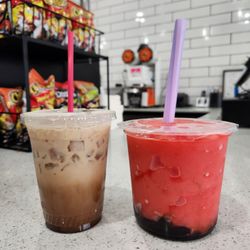 Boba Fiend Tea House - Coffee Latte and Strawberry Smoothie with Boba