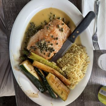 The Lobster Trap - Salmon with Lemon Caper, Rice Pilaf, and Asparagus with Zucchini - Seafood Near Me - Avalon, California The Lobster Trap - Salmon with Lemon Caper, Rice Pilaf, and Asparagus with Zucchini - Seafood Near Me - Avalon, California