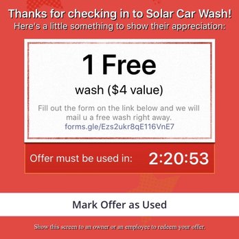 Solar Car Wash - Yelp check in scam part II - no "free wash" was mailed and there was no employee present to show this to - Car Wash Near Me - Oakland, California Solar Car Wash - Yelp check in scam part II - no "free wash" was mailed and there was no employee present to show this to - Car Wash Near Me - Oakland, California