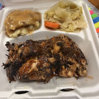 Blackeyed Peas - Jerk chicken on point mashed potatoes and gravy top left so so flavorless cabbage with one sad, lonely, carrot - Soul Food Near Me - Norfolk, Virginia