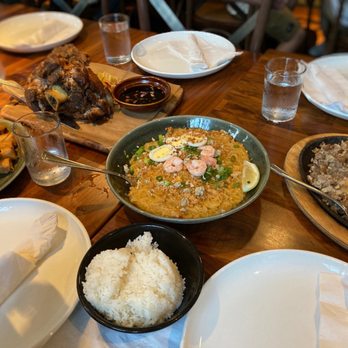 Avenida Restaurant - Lumpia, Crispy Pata (pork knuckle), Pancit Palabok, Sisig Specialty, and some rice - Filipino Near Me - San Mateo, California
