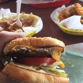 Annie's - Deluxe Cheeseburger. Coney fries and waffles fries in background - Burgers Near Me - Portland, Oregon