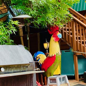 Barnsider Barbeque Restaurant - Even the rooster is wearing a mask. You gotta stay safe. - Barbeque Near Me - Lake George, New York