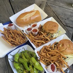 Veggie Sea Witch Burger, Steve's Polish Wedding Kielbasa Sandwich, Fries, Shishito Peppers Veggie Sea Witch Burger, Steve's Polish Wedding Kielbasa Sandwich, Fries, Shishito Peppers