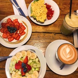 Yoghurt with fruits and müsli, pancakes with berries, toast with avocado and scrambled eggs, a flat white and an apple juice. Yoghurt with fruits and müsli, pancakes with berries, toast with avocado and scrambled eggs, a flat white and an apple juice.