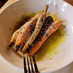 Roasted rainbow carrots, garlic arugula pesto, pecorino, furikake
