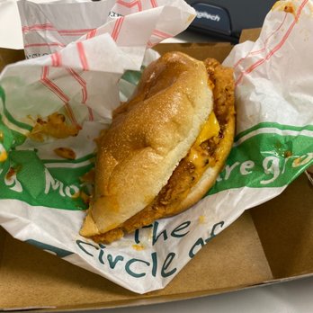 Farmer Boys - Spicy chicken with cheese which I added because the sandwich only comes with the sauce - Breakfast & Brunch Near Me - Riverside, California