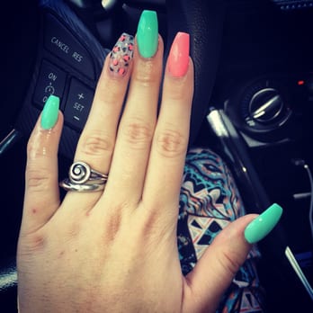 NY Nails - I got Aqua and coral coffin nails with a cheetah print accent nail - Nail Salons Near Me - Kingsland, Georgia