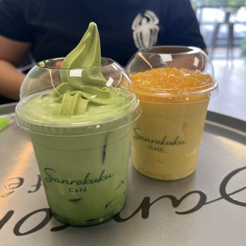 Sanrokuku Cafe - (Left) Matcha Latte Float w/ Matcha Ice Cream & (Right) Mango Sticky Cloud - Ice Cream & Frozen Yogurt Near Me - Brandon, Florida Sanrokuku Cafe - (Left) Matcha Latte Float w/ Matcha Ice Cream & (Right) Mango Sticky Cloud - Ice Cream & Frozen Yogurt Near Me - Brandon, Florida